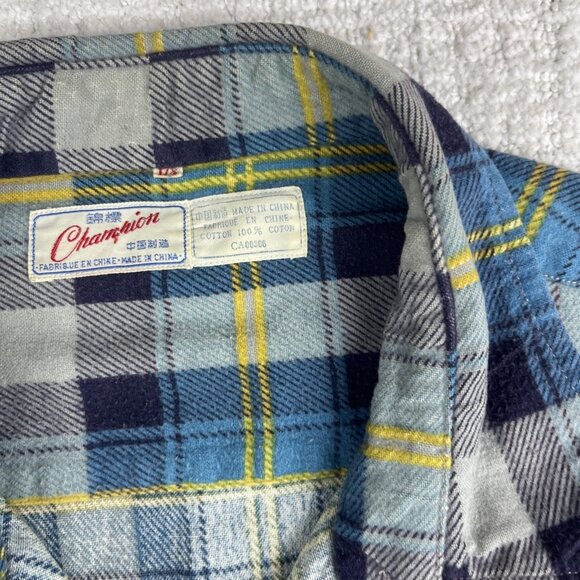 Vintage Champion Flannel Shirt Mens Sz 17.5 Blue Gray Plaid Cotton Button Up - Picture 10 of 16